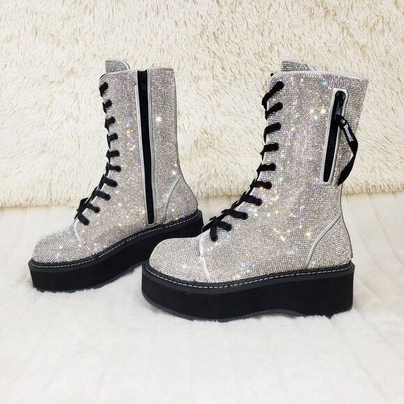 Super Sparkle Iridescent Rhinestone Platform Combat Mid Calf Boots 362 Emily - Picture 8 of 17